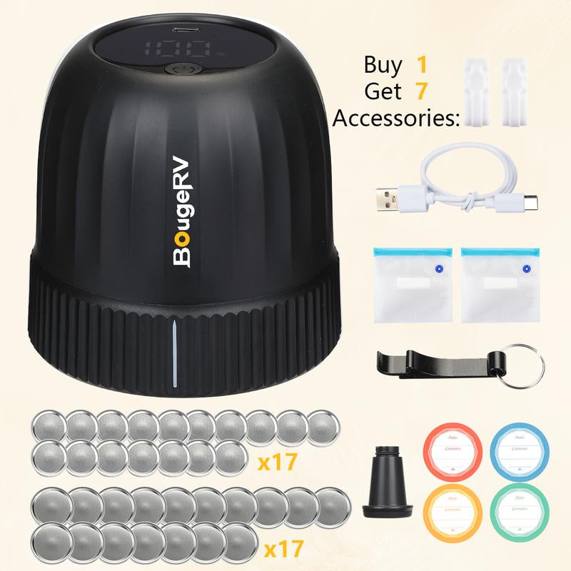 Bougerv Vacuum Sealer With 7 Free Accessories Kit ,Auto Stop Mason Jar Vacuum Sealer Kit, Portable Vacuum Sealer for Wide & Regular-Mouth Mason Jars, Electric Jar Vacuum Sealer for Food Storage,Canning Supplies,Firm Sealing, Kitchen Gadgets