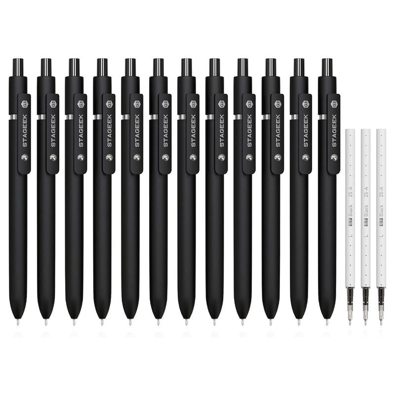 Black Gel Pens, 12Pcs 0.7Mm Gel Pens Fine Point with 3 Extra Refills, Quick Dry Retractable Gel Pen Set, Smooth Writing Pens for Office Work, Note Taking, Black Ink Pens for Men Women(Black)