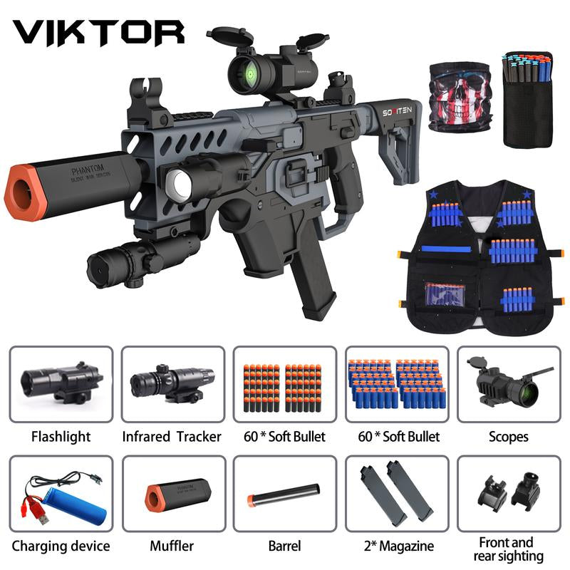 SOFITEN VIKTOR N-X,Toy Automatic Sniper Rifle Toy Gun Set Foam Dart Blaster with Tactical Vest, Infrared, Flashlight, Power Indicator & Foldable Stock for Accuracy & Portability – Ideal for 8+, 120+ Darts,Outdoor Fun, Birthday Gift,Summer Toy
