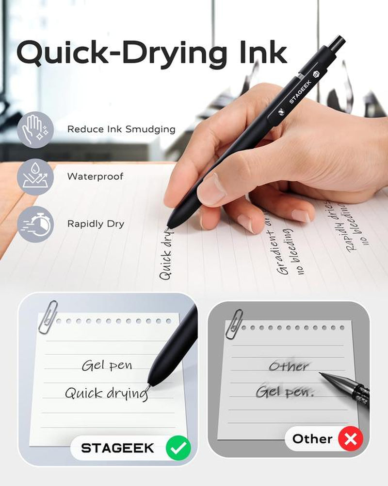 Black Gel Pens, 12Pcs 0.7Mm Gel Pens Fine Point with 3 Extra Refills, Quick Dry Retractable Gel Pen Set, Smooth Writing Pens for Office Work, Note Taking, Black Ink Pens for Men Women(Black)