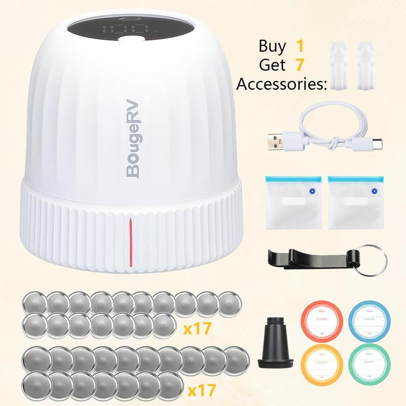 Bougerv Vacuum Sealer ​With 7 Free Accessories Kit ,Auto Stop Mason Jar Vacuum Sealer Kit, Portable Vacuum Sealer for Wide & Regular-Mouth Mason Jars, Electric Jar Vacuum Sealer for Food Storage,Canning Supplies,Firm Sealing, Kitchen Gadgets